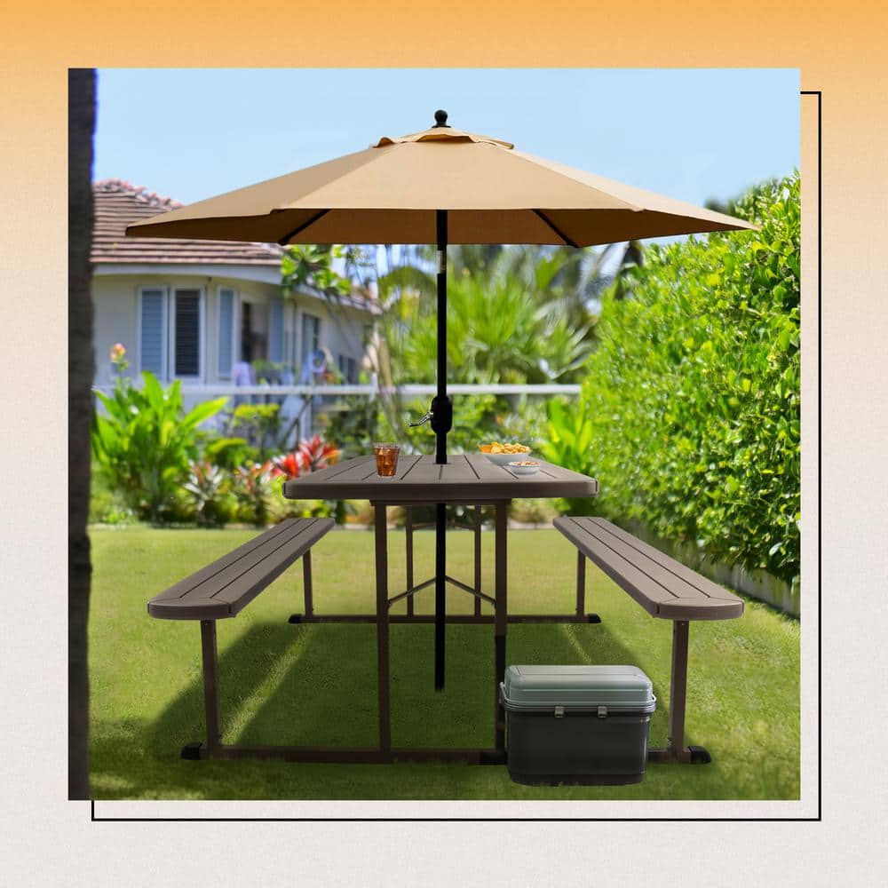 Travis 72" Brown Polypropylene Folding Picnic Table with Benches