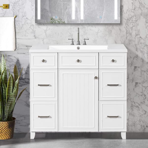 ANGELES HOME 36 in. W x 18 in. D x 34 in. H Single Sink Bath Vanity in White with White Resin Top,Soft Closing Door and Drawer
