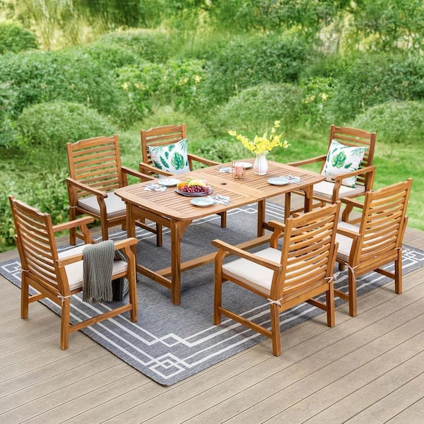PHI VILLA Brown 7-Piece Wood Patio Outdoor Dining Set With Extendable Table and Wood Chairs With Beige Cushion