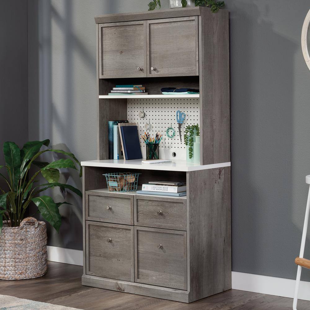 Mystic Oak and White Craft Storage Hutch with Adjustable Shelf