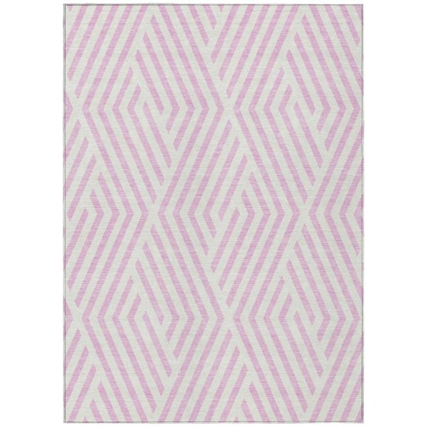 Pink and White 5 ft. x 8 ft. Woven Geometric Rectangle Indoor/Outdoor Area Rug