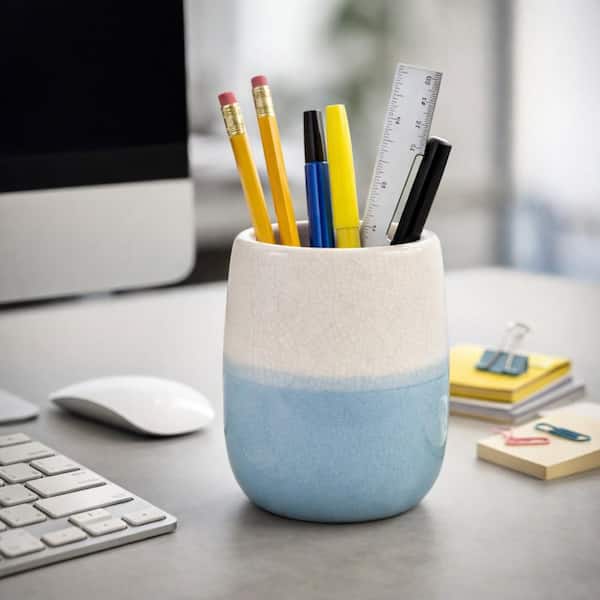 White/Blue 4.25 in. x 5.25 in. Ceramic Decorative 2 Tone Pencil Cup
