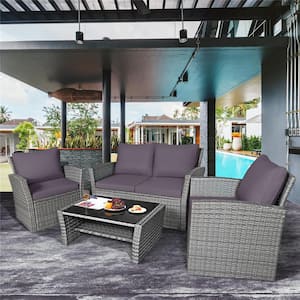 4-Pieces Wicker Patio Conversation Set Sofa Table with Storage Shelf and Gray Cushion