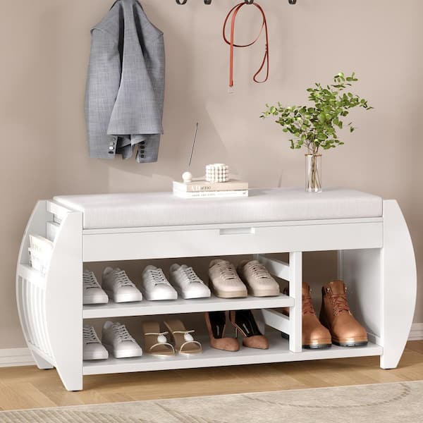 Nestfair 42 in. W White Retro Multifunctional Shoe Storage Bench with Cushion and Curved Side Panel