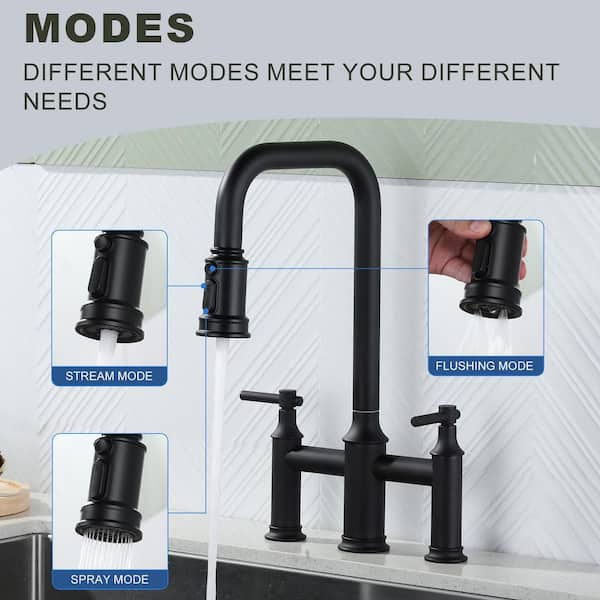 Brass Double Handle Bridge Kitchen Faucet with 3-Mode Pull-Down Sprayer and 1 or 3-Hole Install in Matte Black
