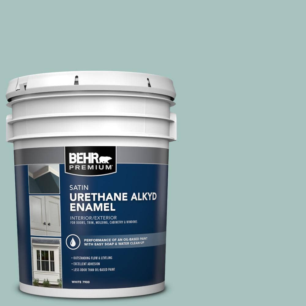 BEHR PREMIUM 5 gal. #T17-08 Polished Aqua Urethane Alkyd Satin Enamel  Interior/Exterior Paint 790005 - The Home Depot, image size:1000x1000