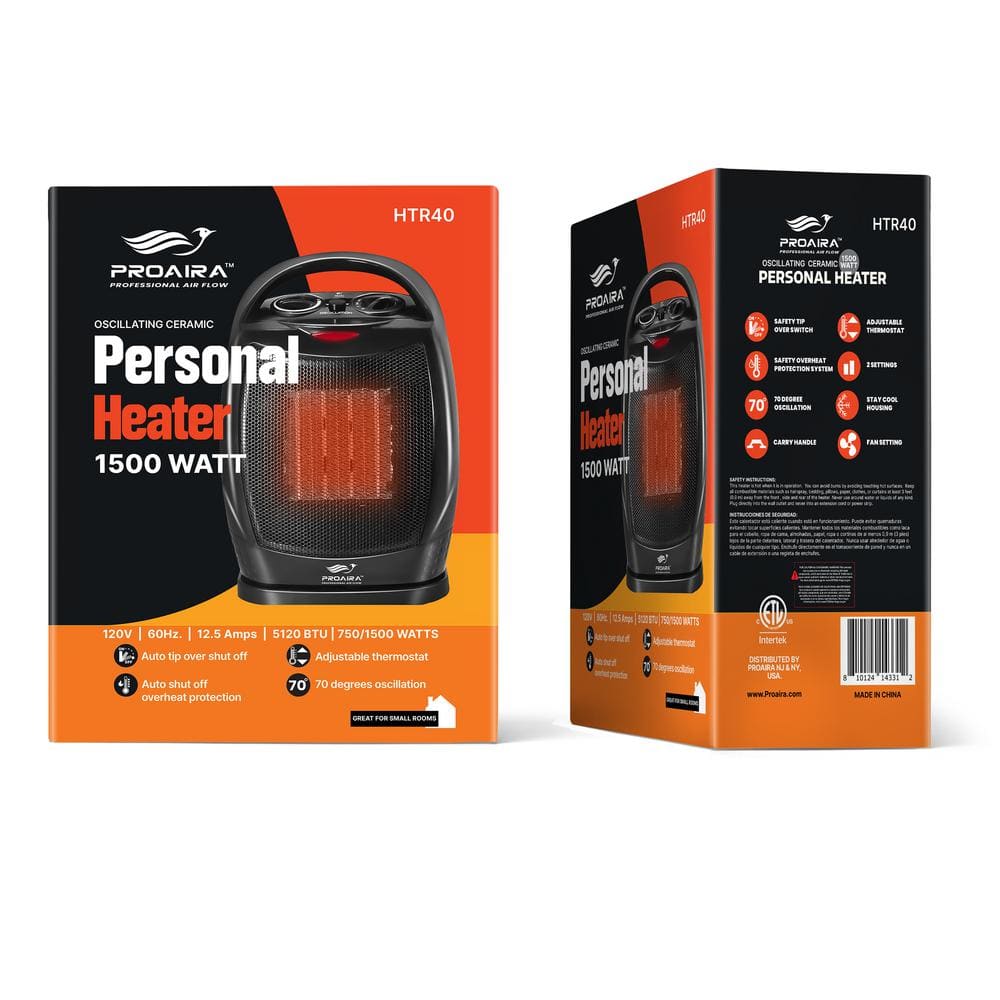 Proaira Black Ceramic Electric Space Heater with Thermostat