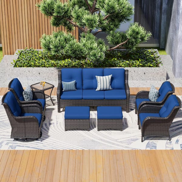 JOYSIDE 8-Piece Wicker Outdoor Patio Conversation Set with Blue Cushions and Swivel Rocking Chairs