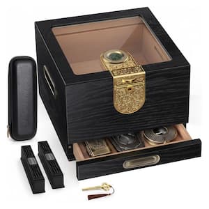 6.89 in.H X 9.25 in.W Wood Glass Top Humidor Set with Leather Cigar Case, Cigar Tube, Digital Hygrometer, 2 Humidifiers