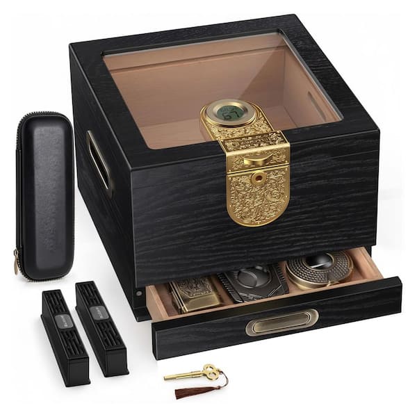 6.89 in.H X 9.25 in.W Wood Glass Top Humidor Set with Leather Cigar Case, Cigar Tube, Digital Hygrometer, 2 Humidifiers