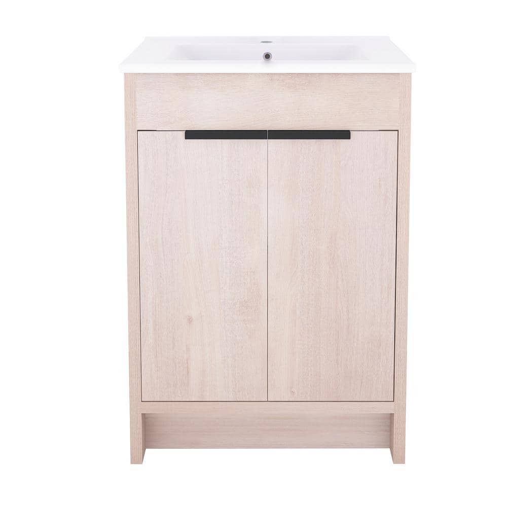 Freestanding Light Oak Plywood Bathroom Vanity with White Ceramic Sink