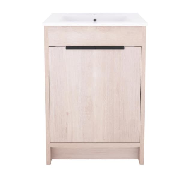 JimsMaison 24 in. W x 18 in. D x 34 in. H Freestanding Bath Vanity in Light Oak with White Ceramic Top