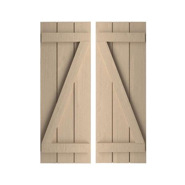 Ekena Millwork 17.5 in. x 68 in. Timberthane Polyurethane 3-Board Spaced Board-n-Batten Rough Cedar Faux Wood Shutters w/Z-Board Pair