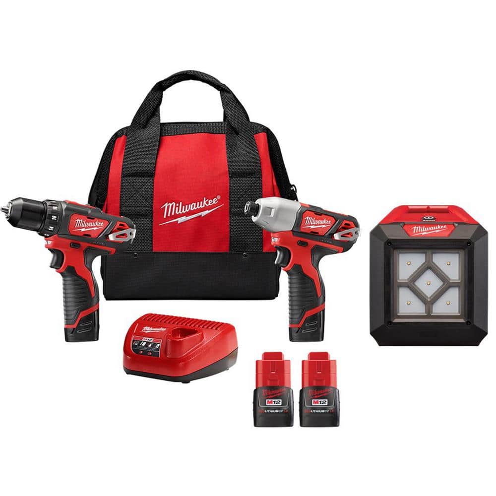 Milwaukee M12 12V Lithium-Ion Cordless Drill Driver/Impact Combo Kit w/Flood Light and (2) 1.5 Ah Compact Batteries -  2494-22-2364