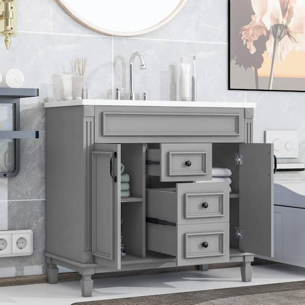 Magic Home 36 in. x 18 in. x 34 in. Freestanding Storage Gray Bath Vanity with Basin, Ceramic Top, Soft Closing Doors and 2-Drawers
