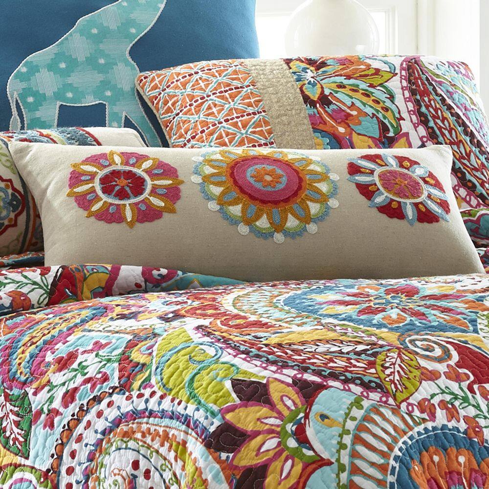 Boho Chic Embroidered Floral Medallion Rectangular Pillow