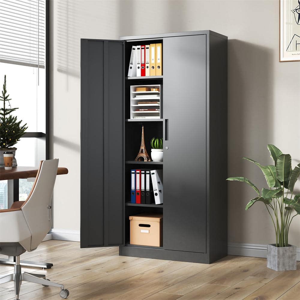 Kahomvis Black 72 in. H Metal Office Storage Cabinet Steel Locking