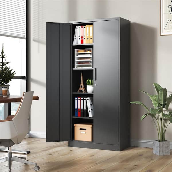 Kahomvis Black 72 in. H Metal Office Storage Cabinet Steel Locking Cabinet with Doors and 4 Adjustable Shelves