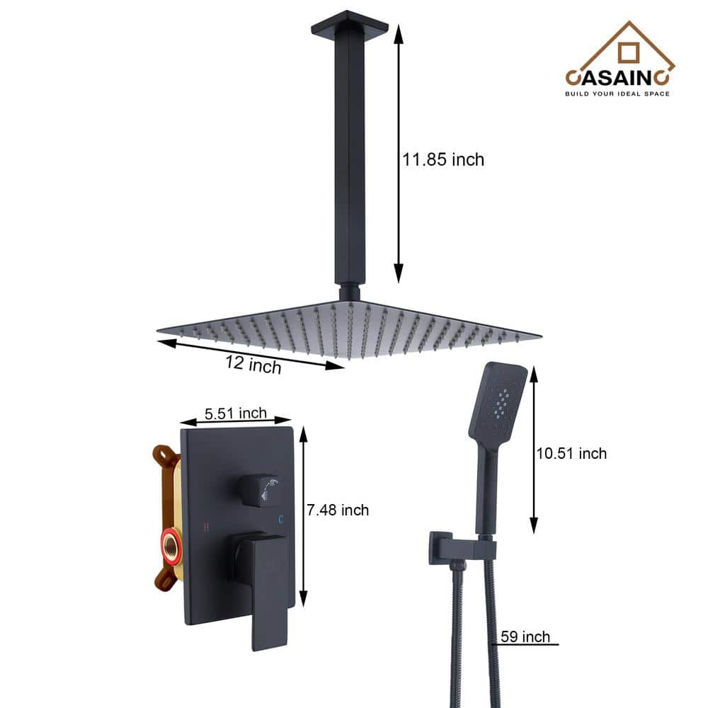 Matte Black Large Square Ceiling Mounted Dual Shower System