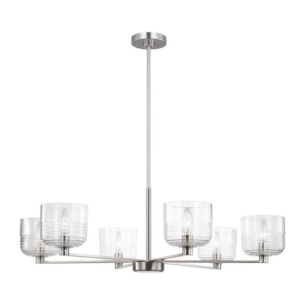 Lochdale 33.88 in. W x 10.25 in. H 6-Light Brushed Nickel Modern Chandelier with Clear Ribbed Glass Shades