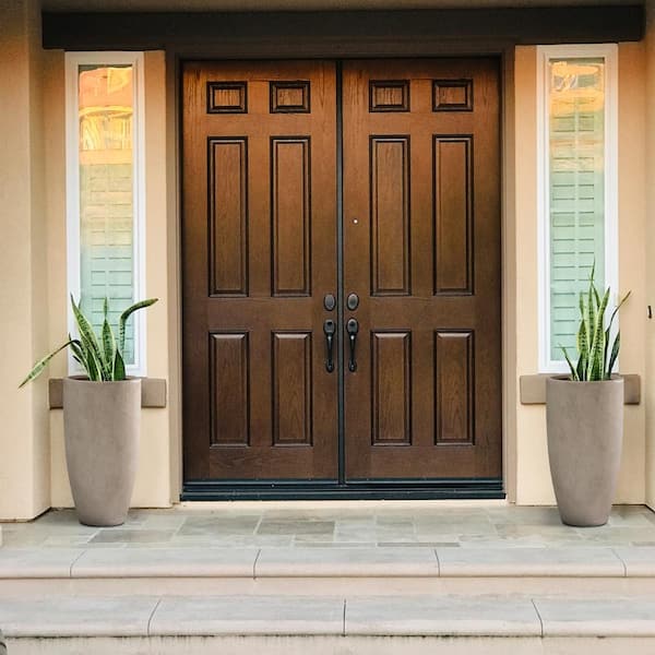 24" Tall Large Weathered Concrete Metal Indoor Outdoor Planters w/Drainage Hole and Rubber Plug (Set of 2)