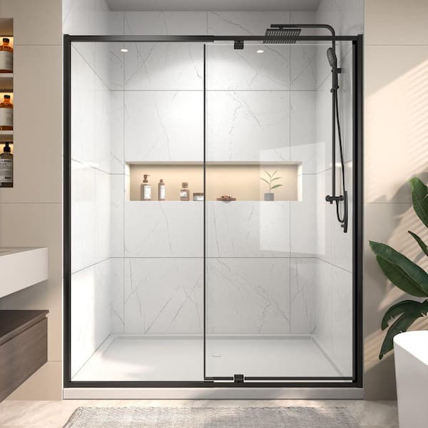 Vitrina 60 in. W x 71 in. H Pivot Swing Sliding Semi-Frameless Shower Door in Matte Black Finish with Clear Glass