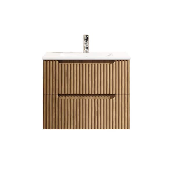 Yunus 24 in. Single Sink Floating Walnut Bath Vanity with White Ceramic Top Unassembled