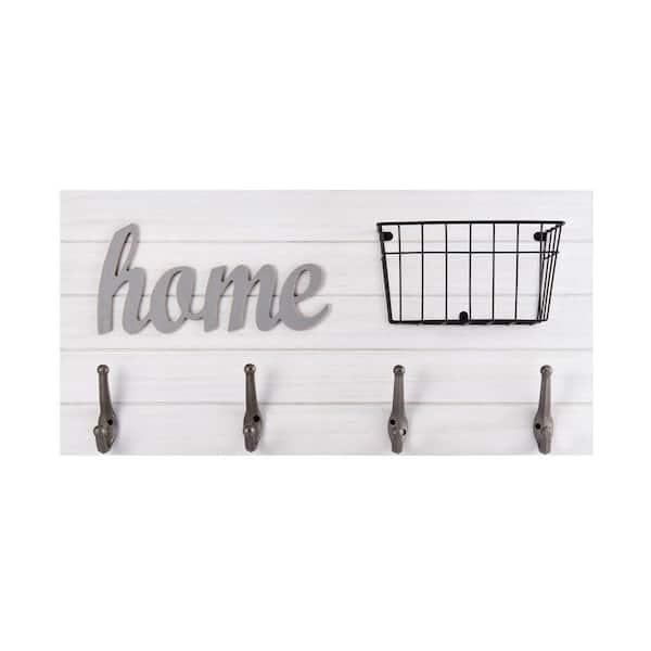 Melannco 24 in. MDF "Home" Wall Plaque with Hooks and Basket