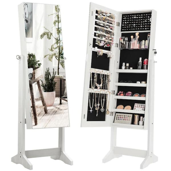 Gymax White Jewelry Cabinet Armoire, Full Length Mirror Jewellery Cabinet