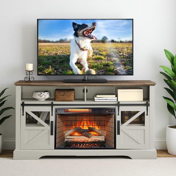 60 in. Freestanding Ultra Thin Tempered Glass Front Smart Electric Fireplace and TV Stand with Remote in White