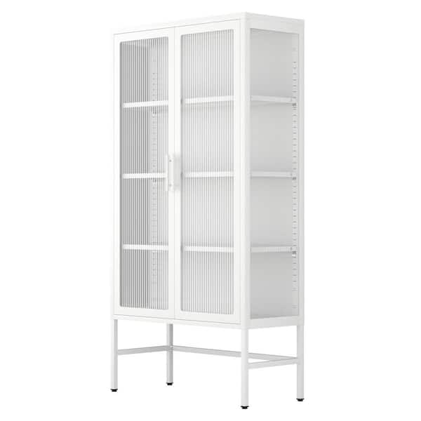 Unbranded 2 Glass Doors Pantry Organizer with Adjustable Shelves and Feet Cold Rolled Steel Sideboard in White