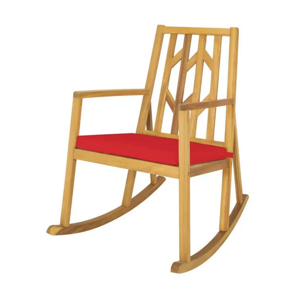 Brown Wood Outdoor Rocking Chair without Umbrella with Red Cushion 1-Pack