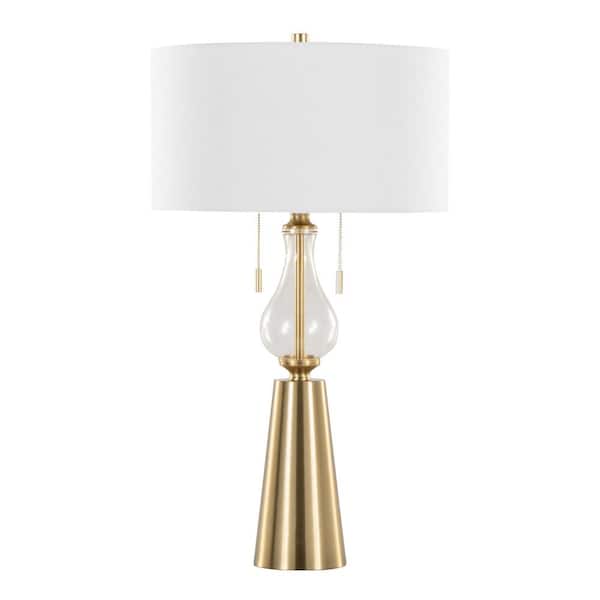 Rook 30.5 in. Gold Metal, Clear Glass and White Linen Shade Table Lamp