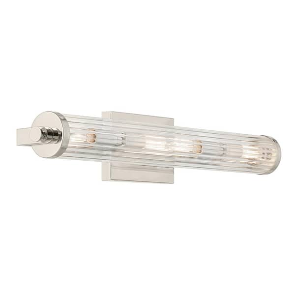 KICHLER Azores 25 in. 4-Light Polished Nickel Vintage Industrial Bathroom Vanity Light with Clear Fluted Glass