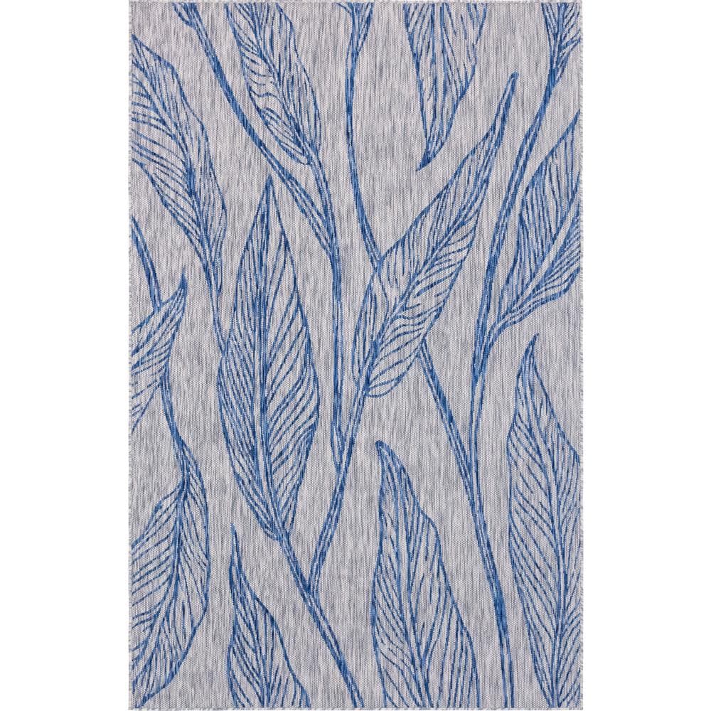 Light Gray and Blue Synthetic Abstract Outdoor Rug, 4' x 6'