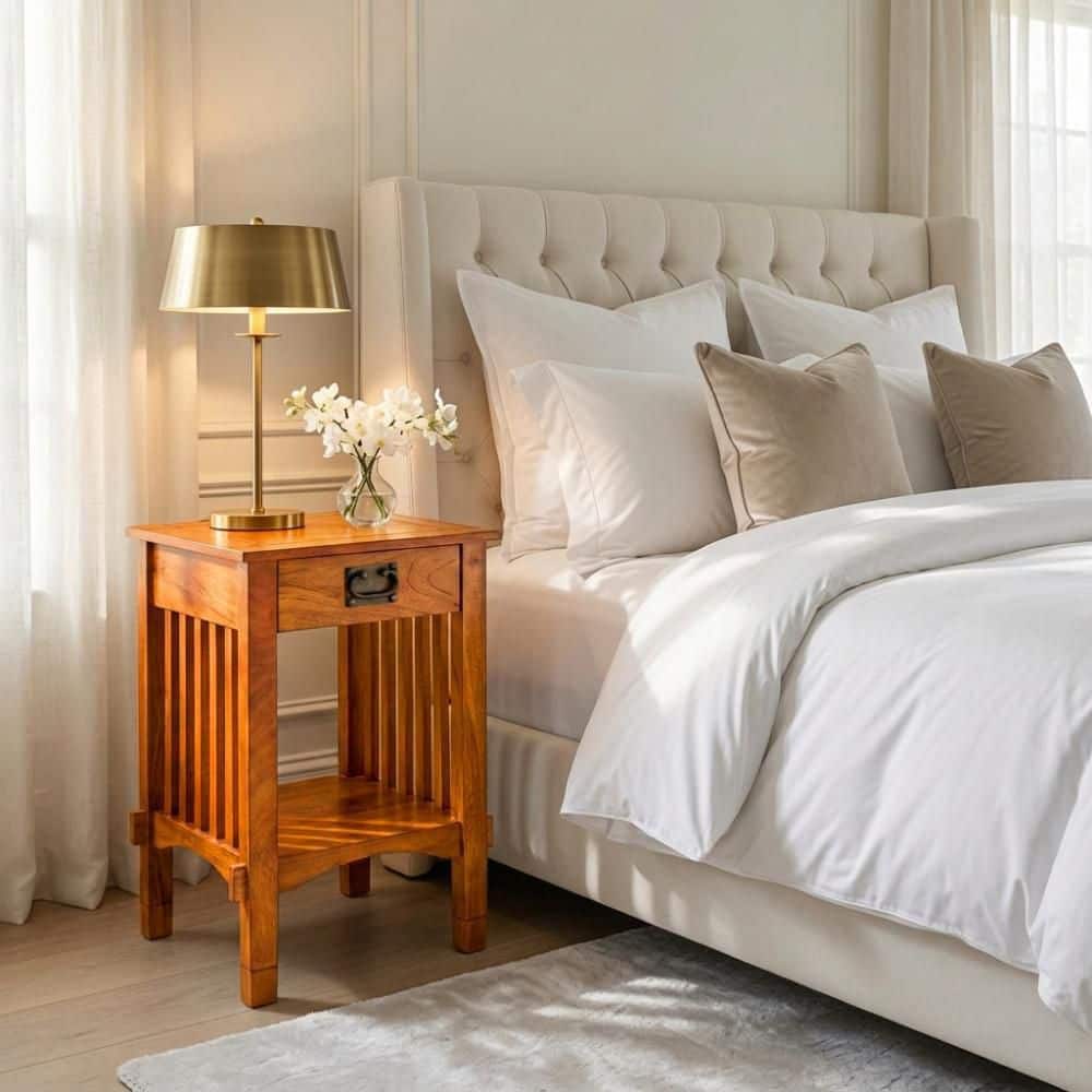 Brown Spacious Mango Wood Telephone Stand with Slatted Side Panels