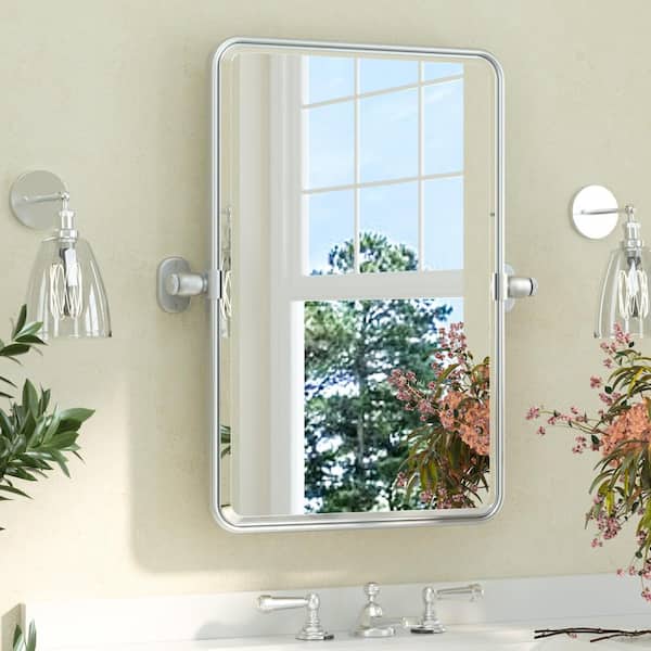 KeonJinn 16 in. W x 24 in. H Rectangular Framed Tilt Wall Bathroom Vanity Mirror Stain Nickel, Pivot Aluminum Mirror Wall Mount