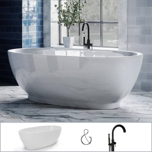 PELHAM & WHITE W-I-D-E Series Grandby 65 in. Acrylic Oval Freestanding Tub in White, Floor-Mount Single-Post Faucet in Matte Black