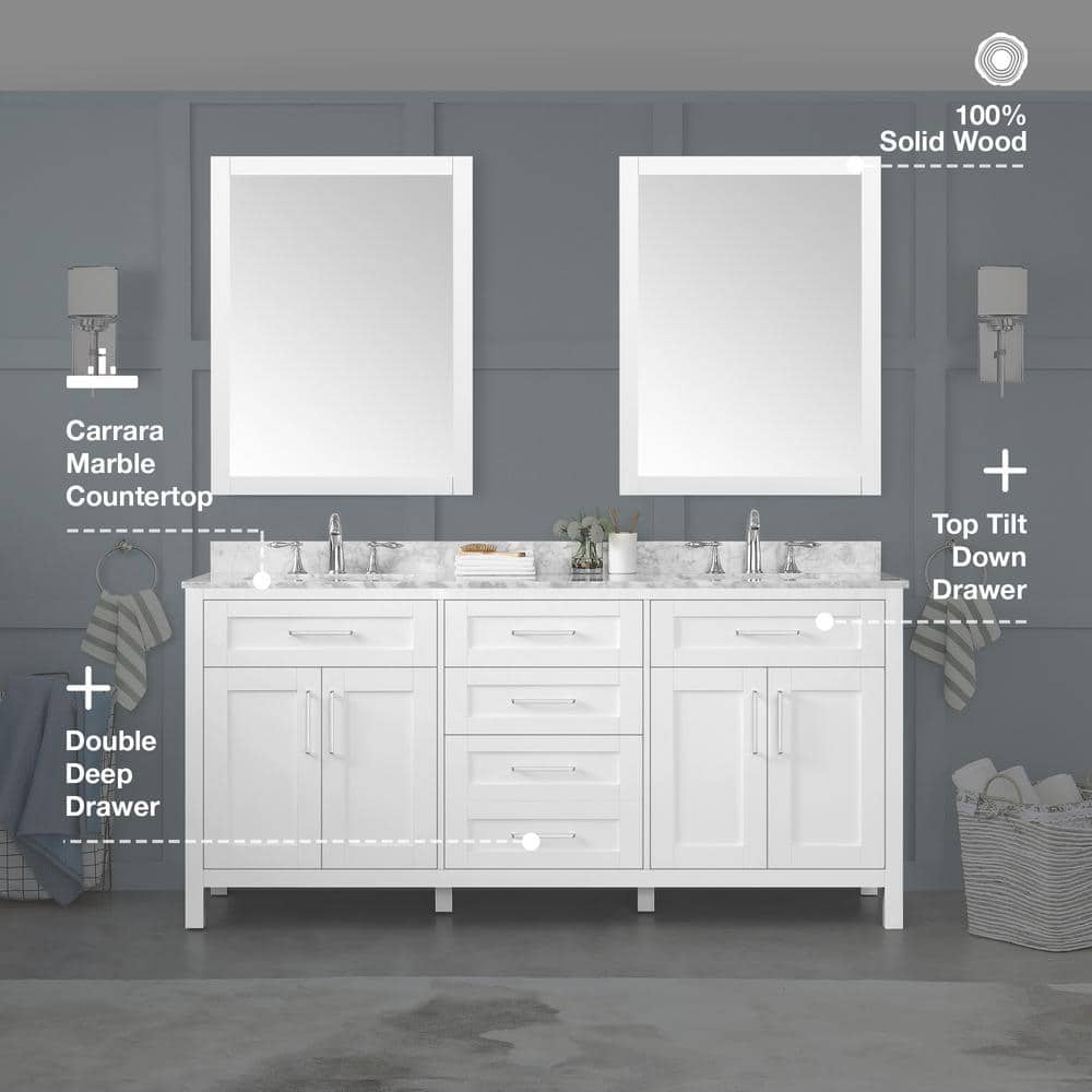 Tahoe 72" White Double Bathroom Vanity with Carrara Marble Top