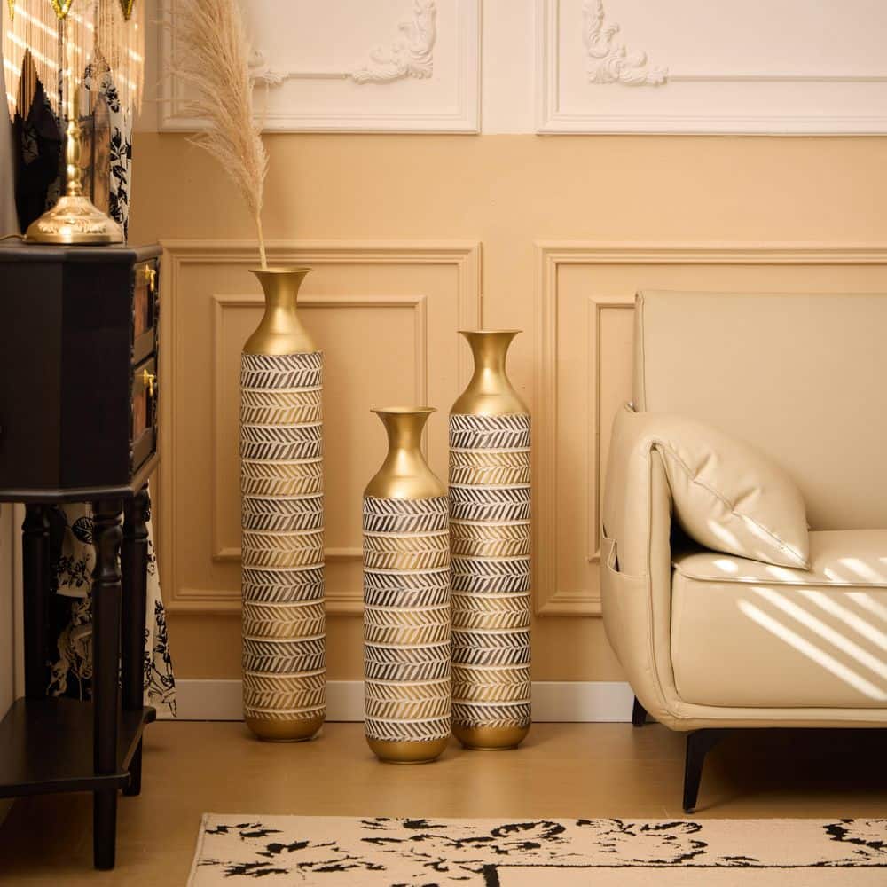 Vase Dc Seafuloy 24 in. 28 in. 33 in. Tall Set of 3 Large Vintage Gold Metal ...