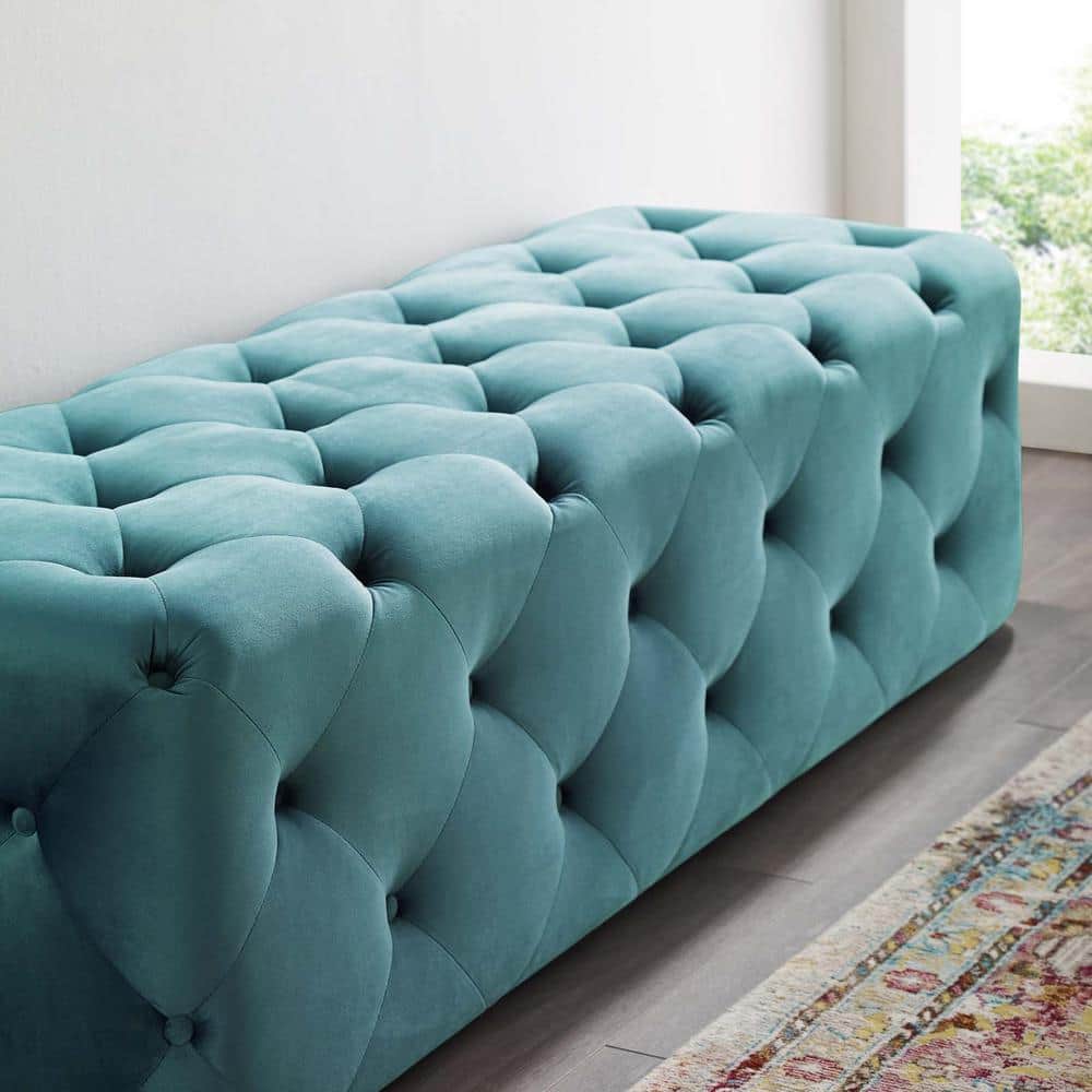 Sea Blue Velvet Tufted 60" Bench with Deep Button Detailing