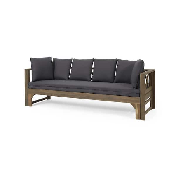 Noble House Reyes Gray Wood Outdoor Patio Day Bed with Dark Gray Cushions