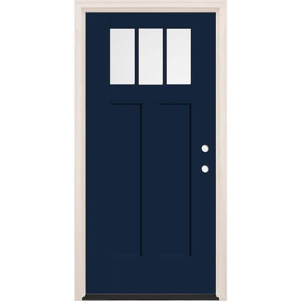 Builders Choice 36 in. x 80 in. Left-Hand 3-Lite Clear Glass Indigo Painted Fiberglass Prehung Front Door with 4-9/16 in. Frame