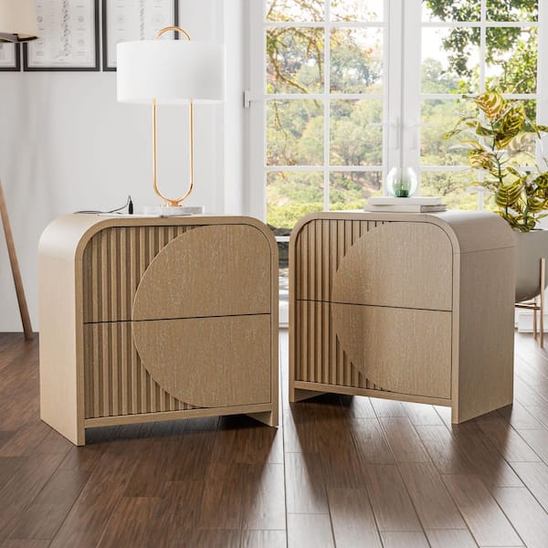Furniture of America Fairstone Natural 2-Drawer 26 in. W Nightstands with Reeded Panels and USB Ports (Set of 2)
