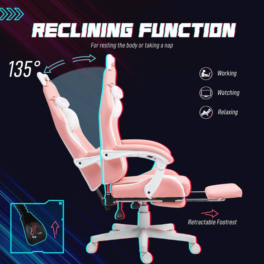 Pink Faux Leather Reclining Gaming Chair with Footrest and Cat Ears