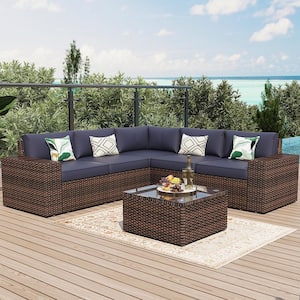 6-Piece Rattan Wicker Steel Patio Outdoor Sectional Set and Coffee Table with Blue Cushions and Set Covers