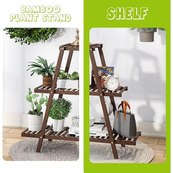 Cubilan 3-Tier Bamboo Plant Stand for Indoor Outdoor, Ladder Shelf for 8-Pots, Garden Balcony Living Room Patio Decor, Brown