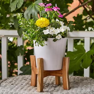 Contemporary 8 in. x 11.02 in. White Ceramic Indoor Planter With Wood Stand