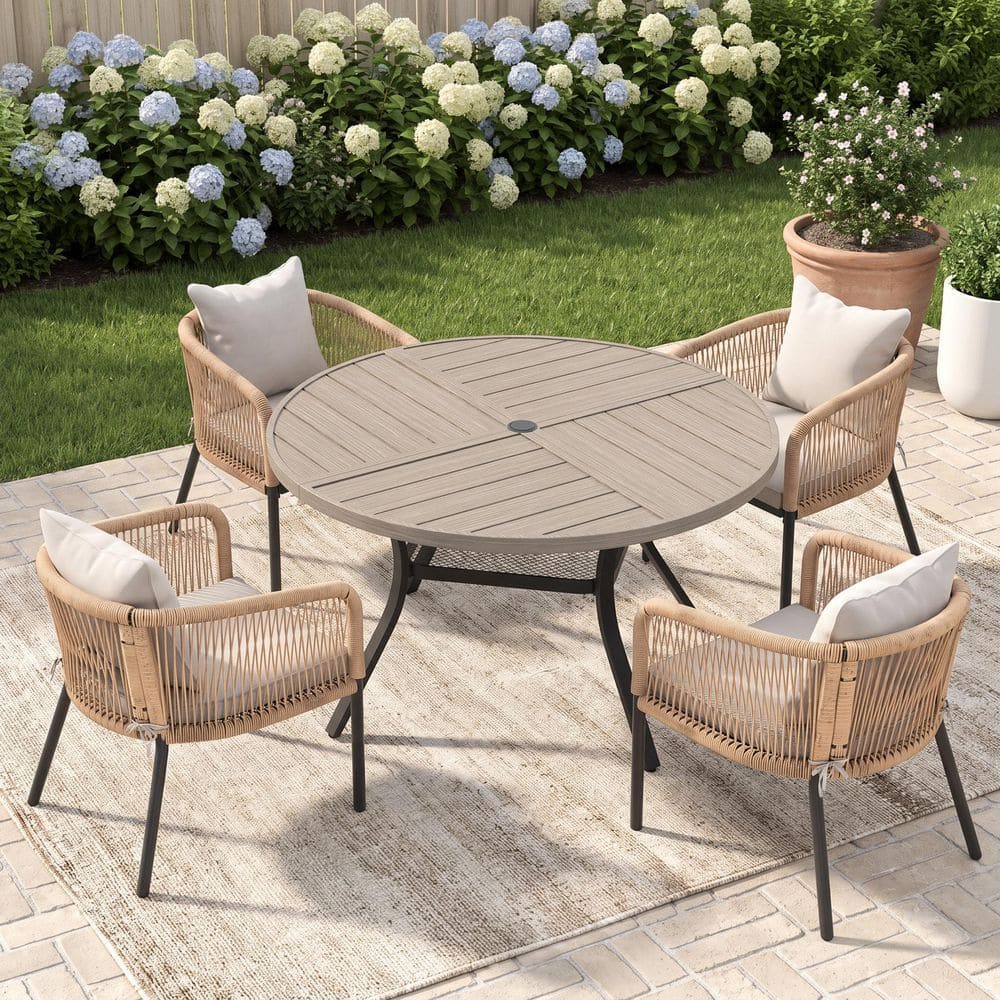 5-Piece 47.2 in. Gray Wood-Like Metal Round Patio Outdoor Dining Set with 4 Wheat Rattan Rope Chairs with White Cushions price history on PriceWatchPro