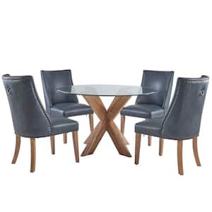 Norris 5-Piece Round Natural and Navy Glass Top Dining Room Set Seats 4